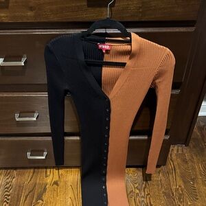 STAUD Black & Camel Ribbed Button-Front Midi Dress